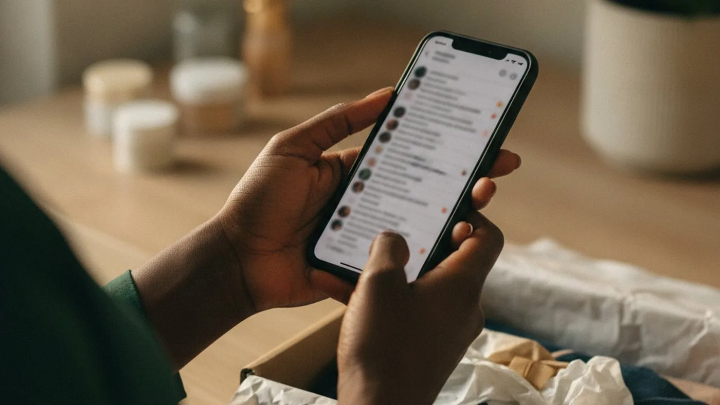 Une gérante lit ses commandes en attente sur son téléphone, un colis à préparer devant elle